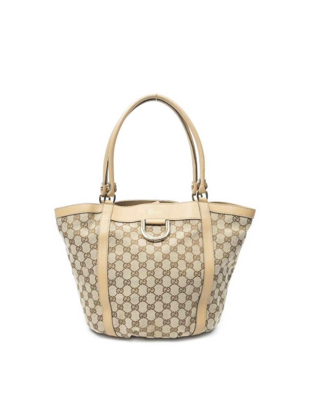 Gucci Medium D Ring Bucket Tote Bag Beige Tan GG Canvas